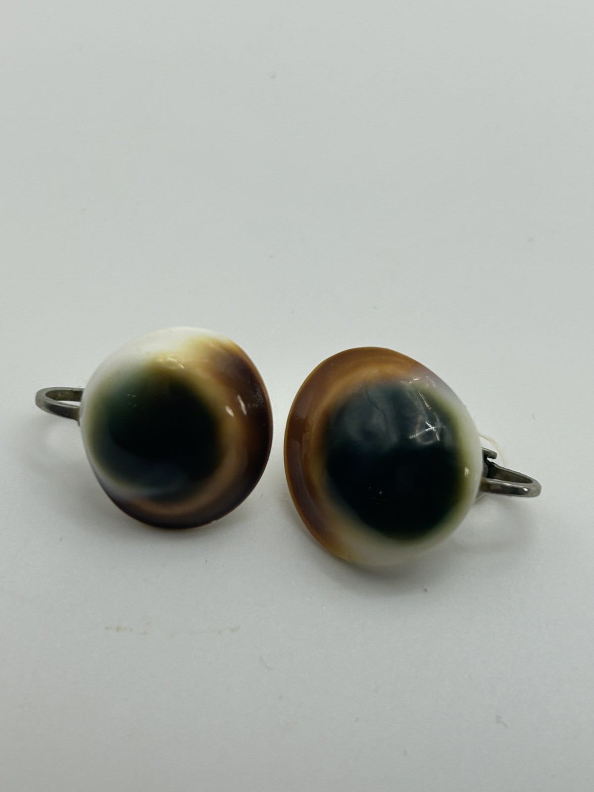 Vintage Art Deco Operculum Shell Cat’s shiva Eye clipon Earrings western Germany