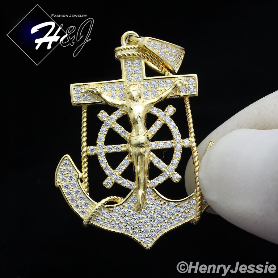 925 STERLING SILVER ICY CUBIC ZIRCONIA GOLD PATED ANCHOR JESUS CROSS PENDANT*S89