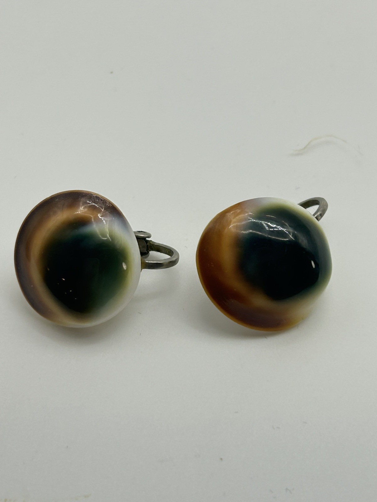 Vintage Art Deco Operculum Shell Cat’s shiva Eye clipon Earrings western Germany