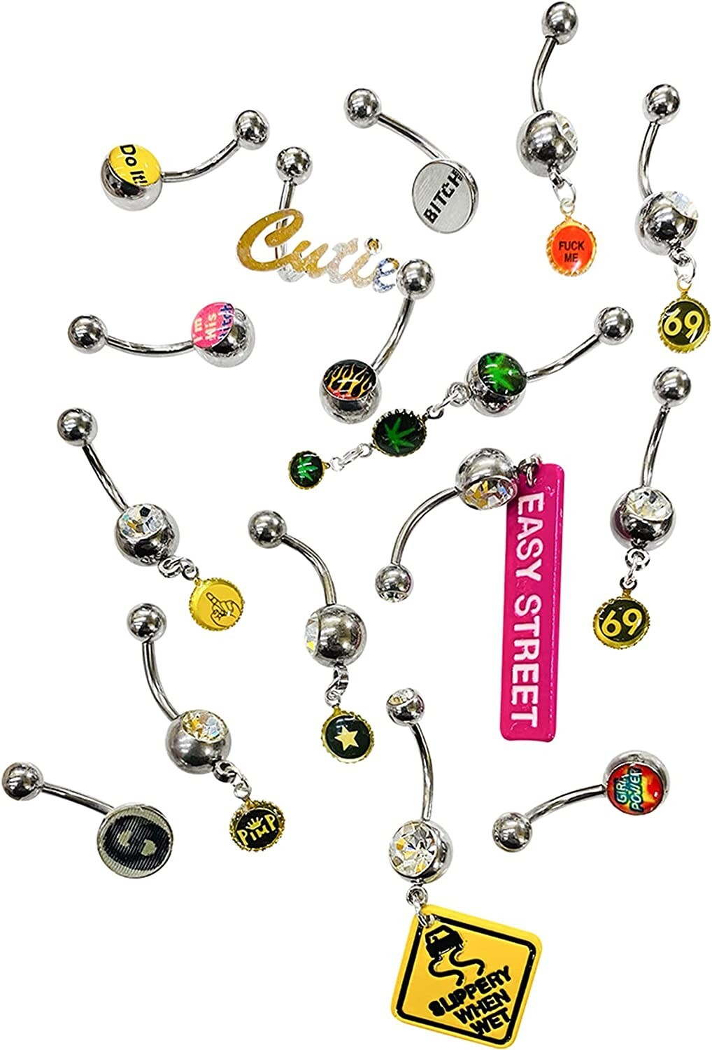 10 Pack of Navel Belly Rings 14G 10mm Naughty Sexy Lick Me Pot 69 Dangle Logos