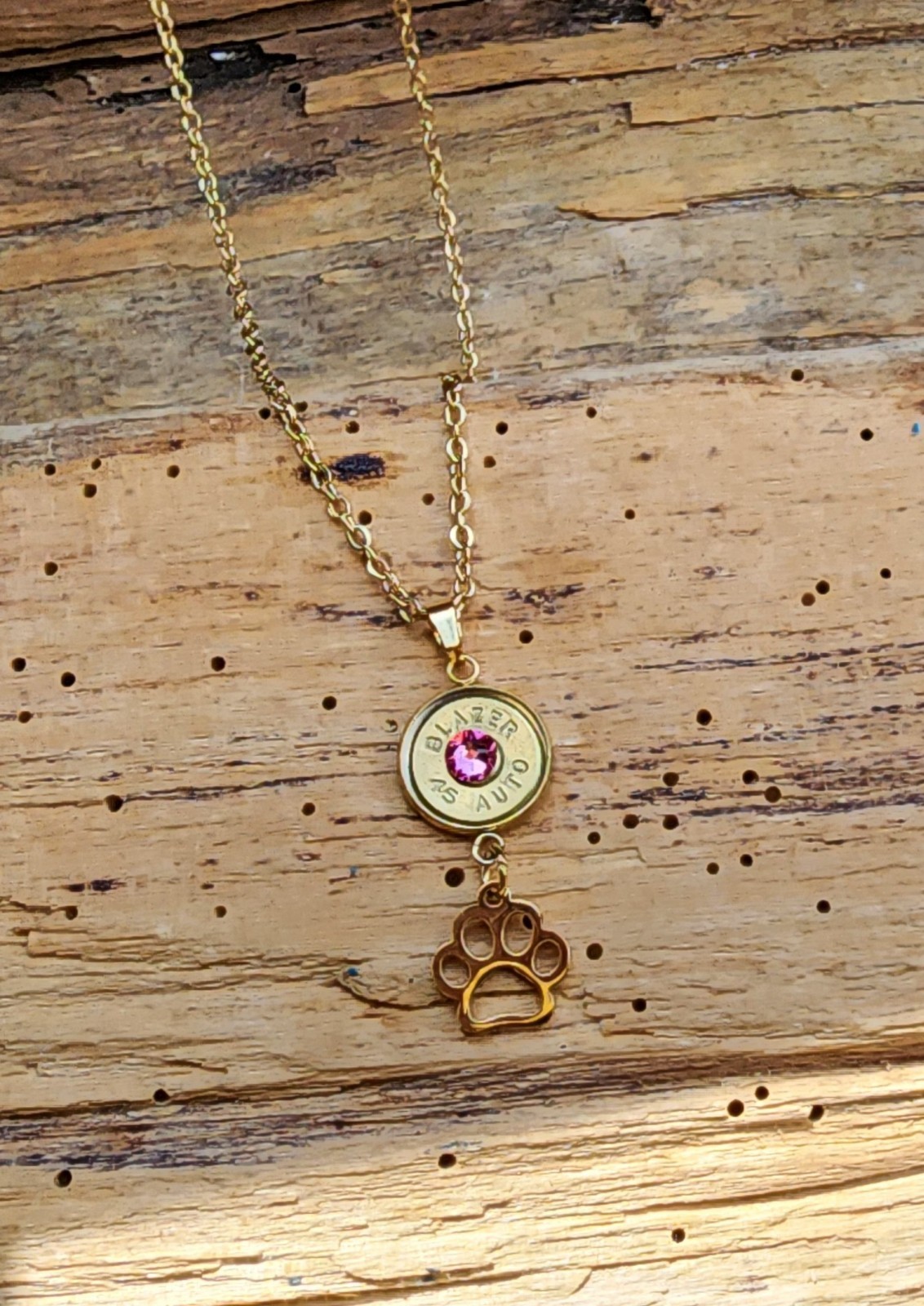 Gold Stainless Steel Bullet Necklace with Puppy Paw Charms. Optional Color.