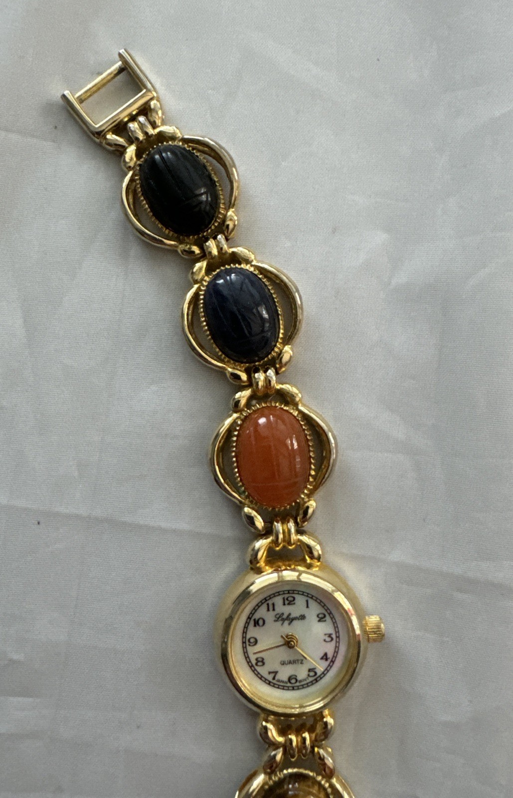 Vintage Lafayette MOP Semi-Precious Stone Egypt Scarab Beetle 22MM 7″