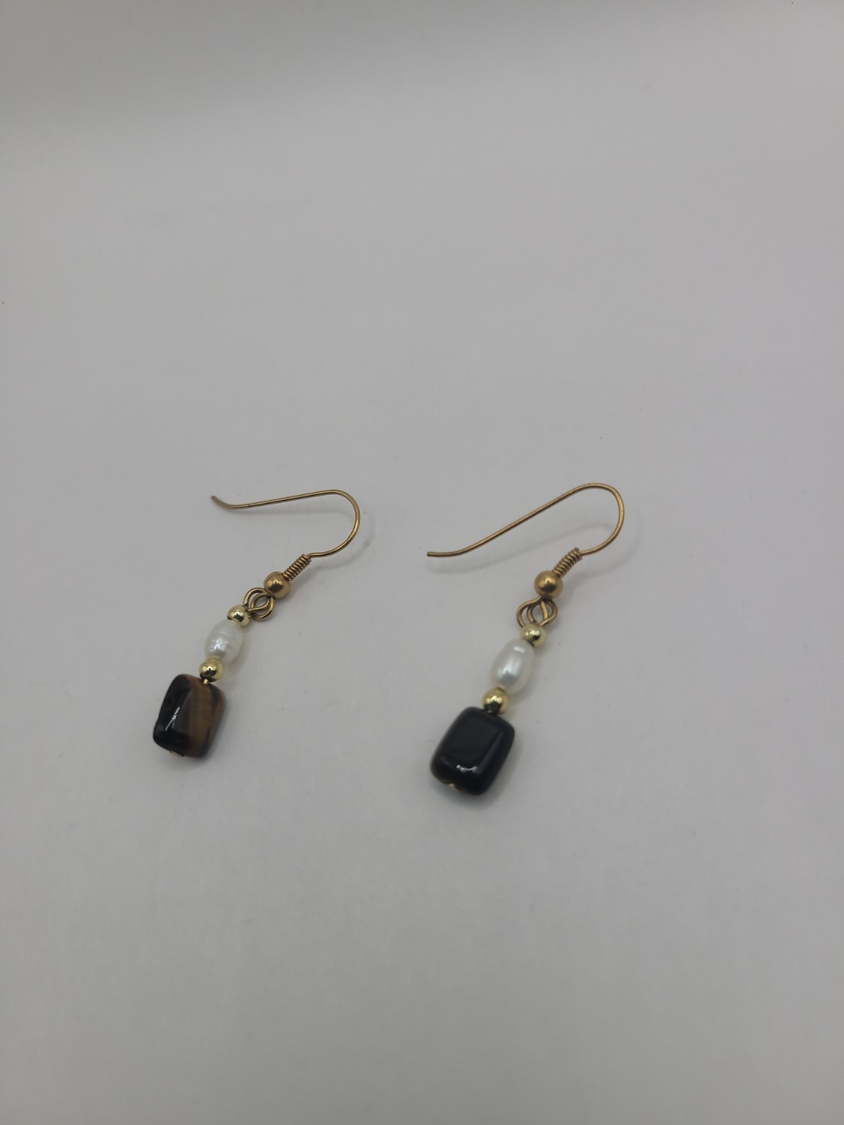 Handmade Brown Black & White Beaded Dangle Earrings Gold Tone Fishhook Boho