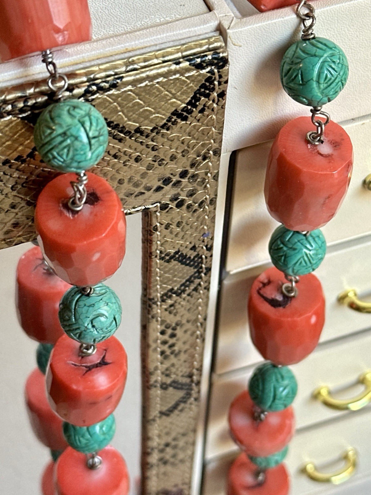 PINK CORAL NECKLACE MATCHING FACETED BEADS-TURQUOISE-SILVER 925-80 CM