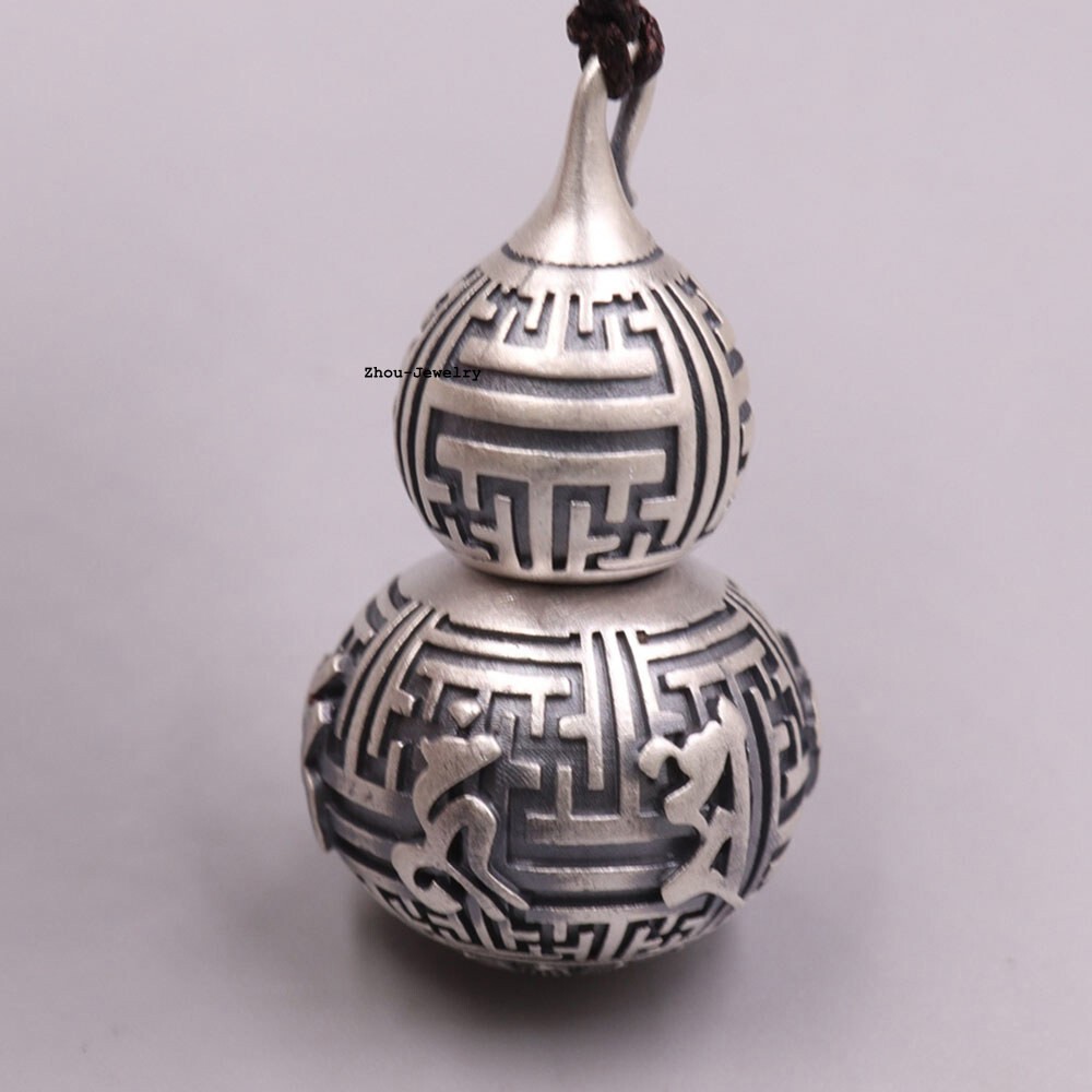 Real 999 Fine Silver Pendant Buddhist Sutra Gourd Shaped Amulet Netsuke 15-17G