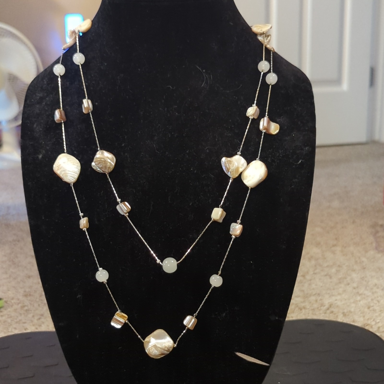 Silver Tone Layered White Beaded Link Chain Necklace, Lobster Clasp No Stone