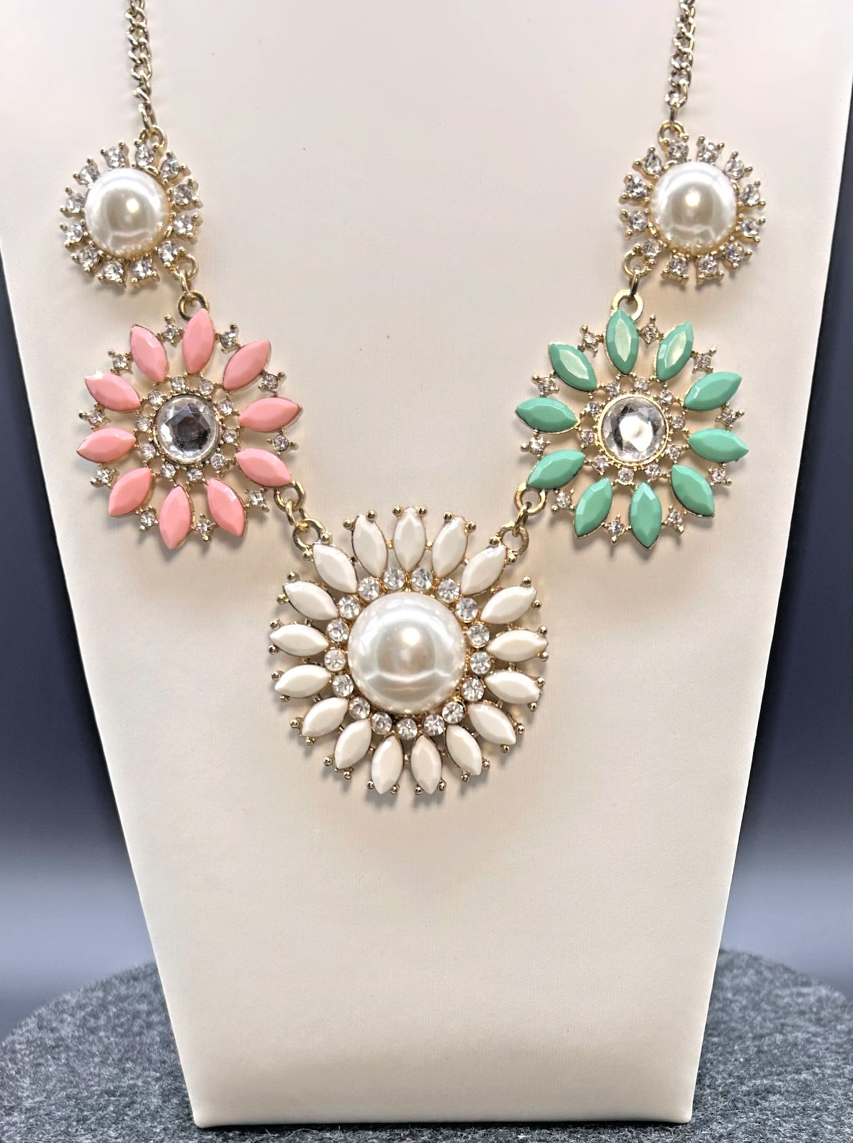 Bold Floral Bib Statement Necklace Pink Mint White Cream Pearl Rhinestones