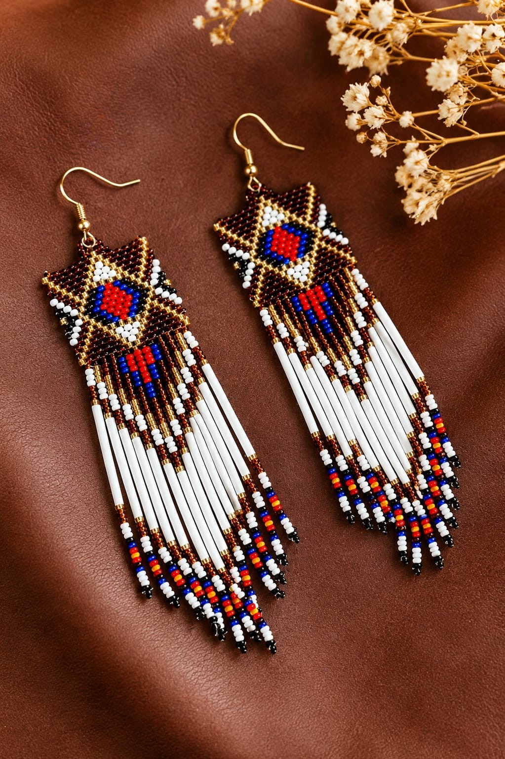 Handmade Seed Bead Fringe Earrings Long Tassel Boho Dangle Statement Jewelry.