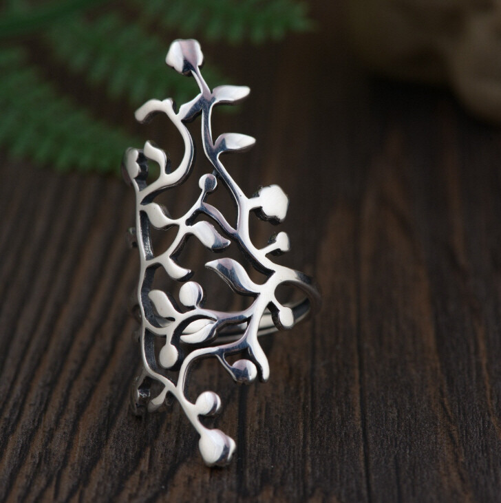 I05 Ring Silver 925 Vine Ornament Leaves Adjustable Size