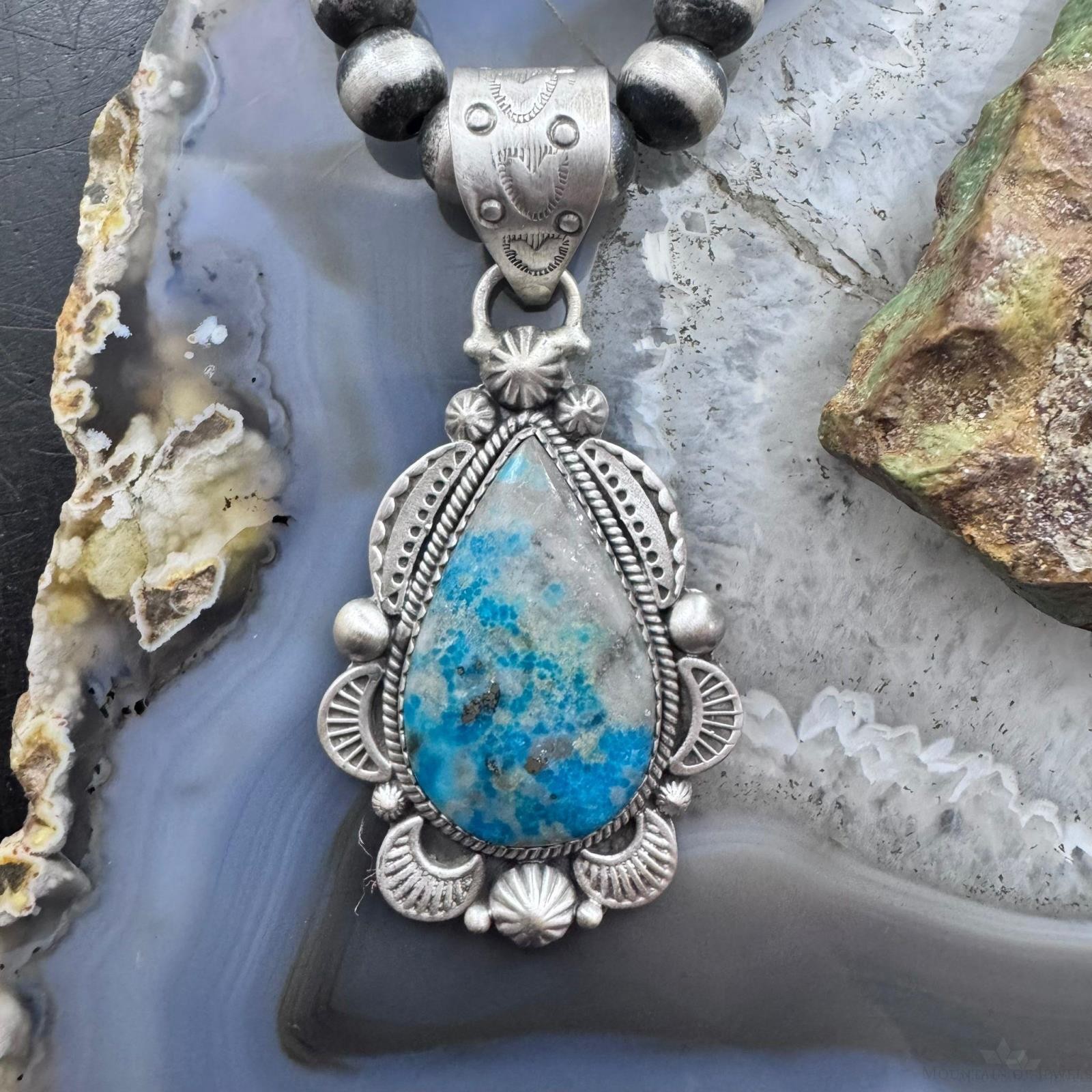 Sterling Silver Southwestern Style Teardrop Iranian Turquoise Decorated Pendant