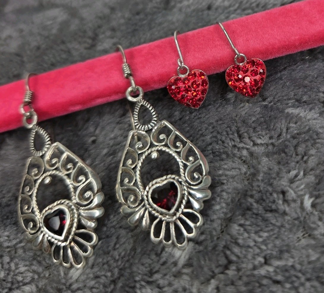 Sterling 925 Silver Stamped Earrings Set Bundle Heart Crystal Garnet Red Dangly