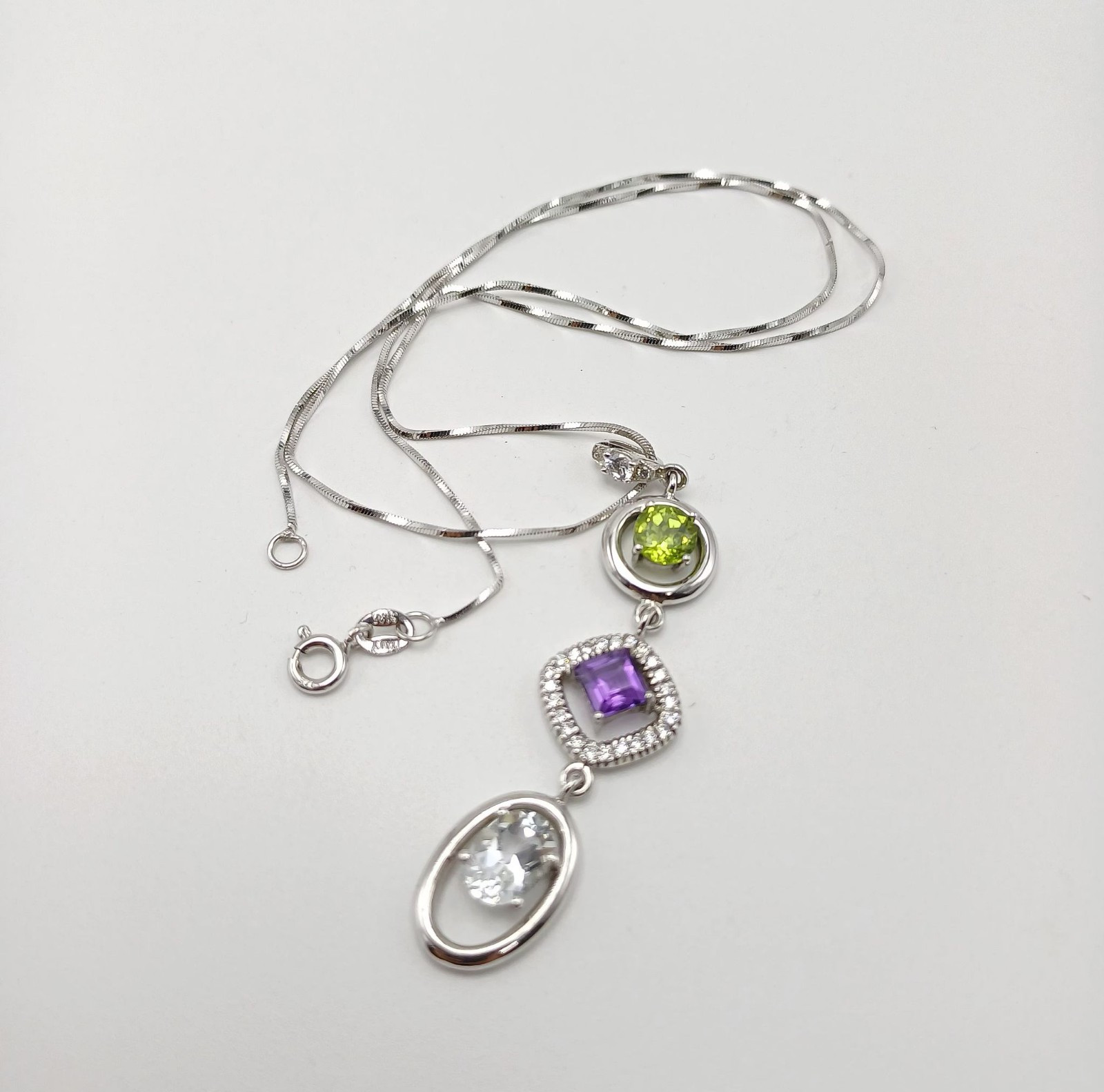Statement 925 Sterling Silver Necklace Women Multi Stone CZ Geometric Dangle
