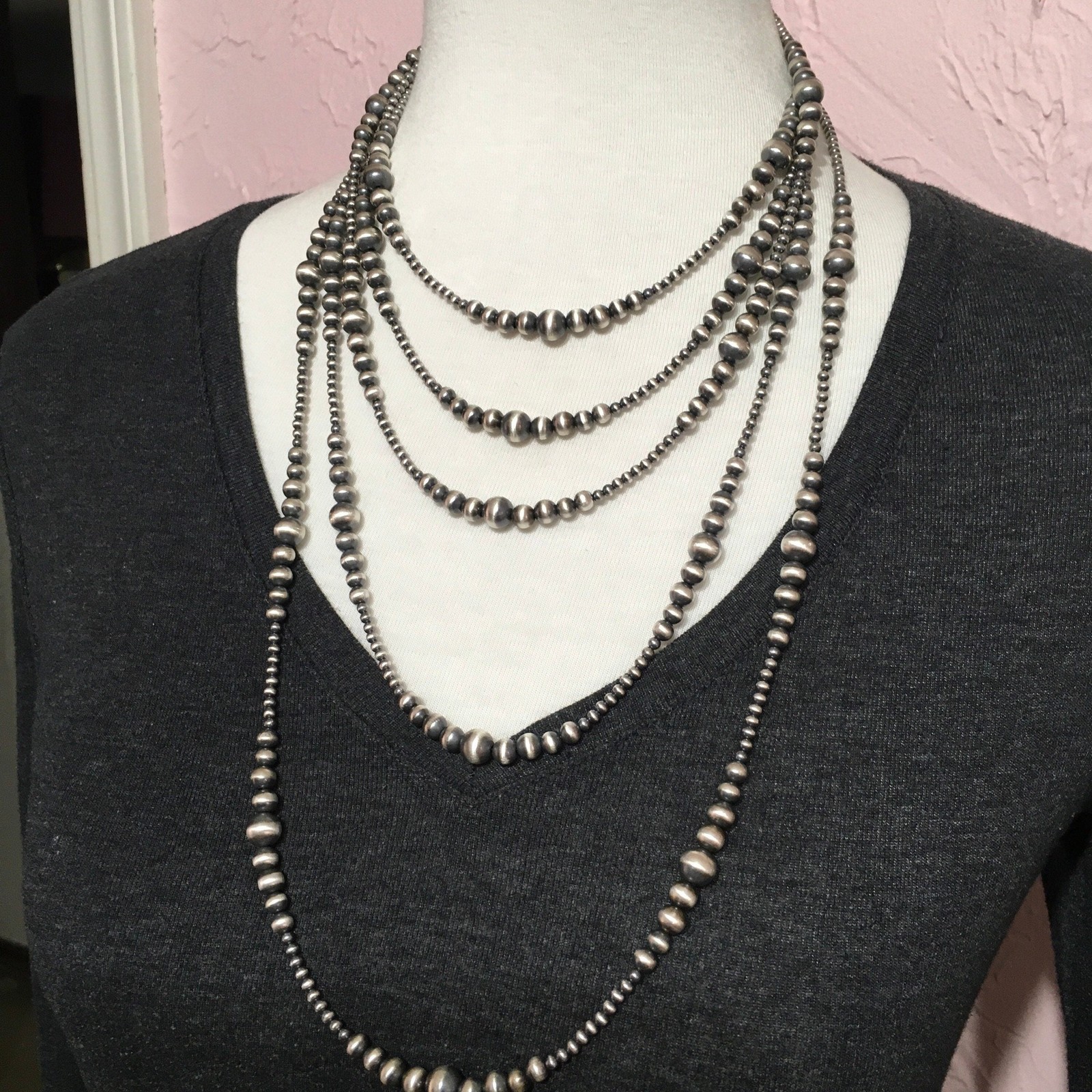Sterling Silver Southwest Pearls, Graduated BOHO Bead Necklace, Western Oxidize