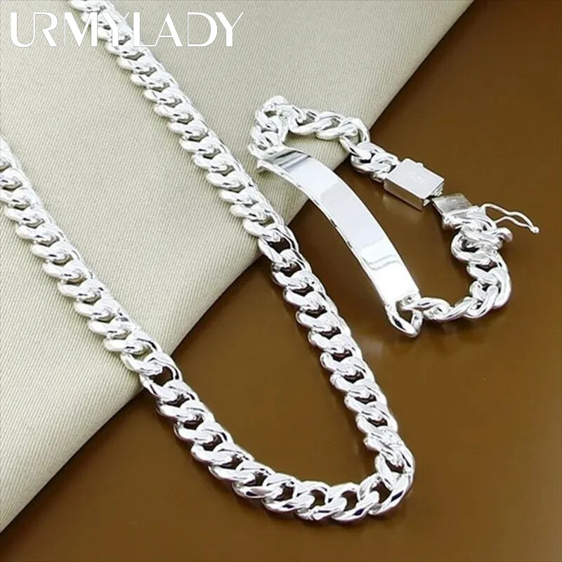 URMYLADY 925 Silver Solid 10MM Chain Necklace Bracelets Jewelry Sets 50/55/60CM