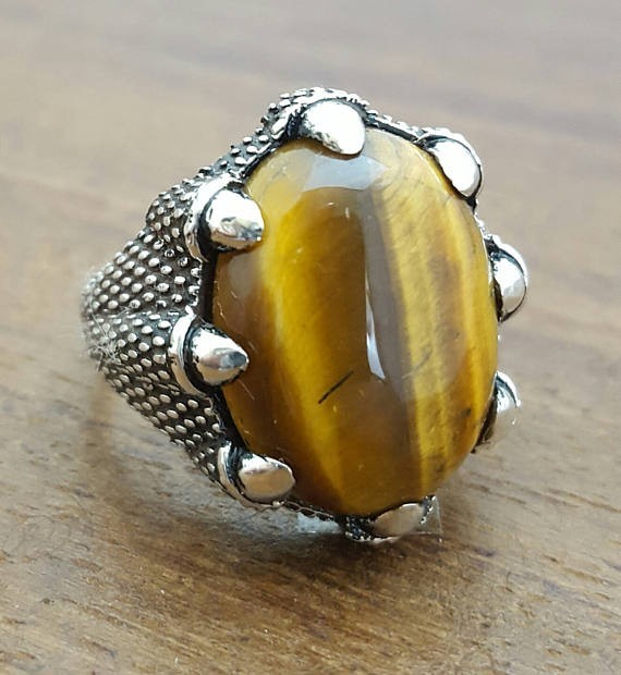Solid 925 Sterling Silver Natural Tiger’s Eye Oval Gemstone Men’s Unisex Ring