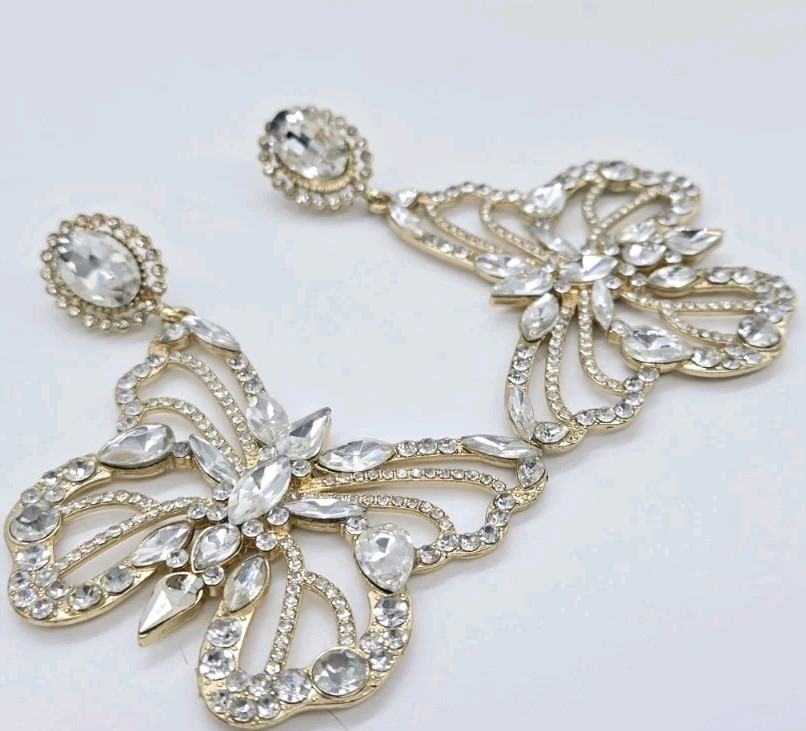 Butterfly Chandelier Earrings Crystal Pierced Gold Tone Dangling Bridal 3.75 in