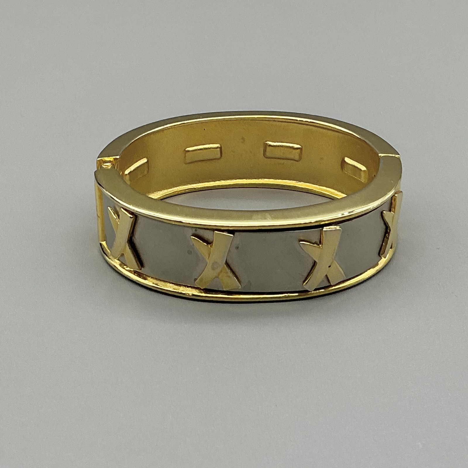 Bracelet Gold Tone Gray X Motif Hinged Bangle Push Lock Womens Fashion Jewelry