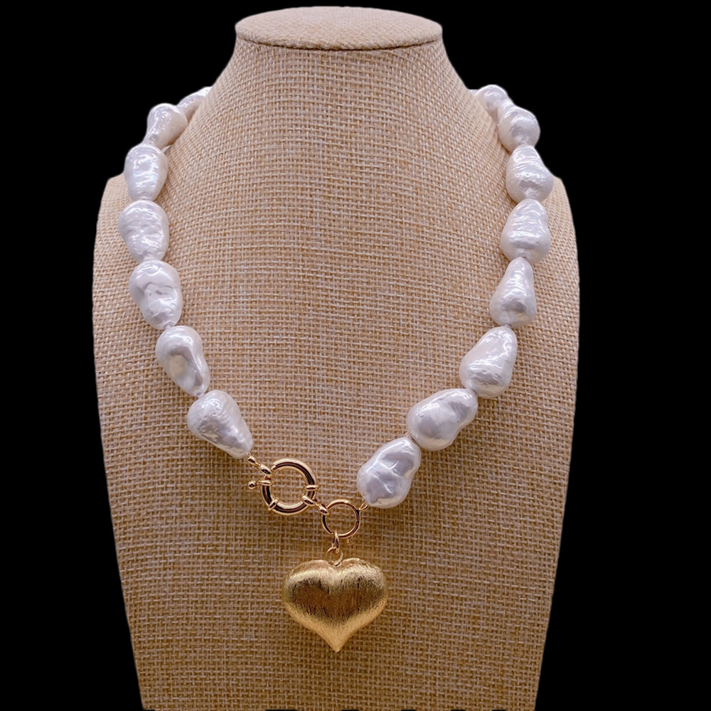 White Sea Shell Baroque Necklace Brushed Heart Pendant