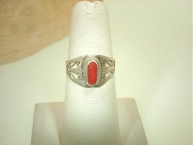 Solid 925 Silver Hand-Crafted Nepal Himalayan Scrolls Genuine Red Coral Ring