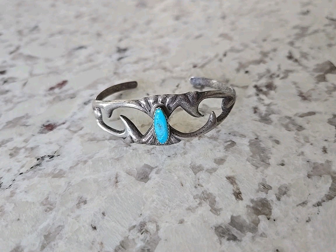 Vintage Sandcast Nickle Silver Cuff Bracelet With Oval Turquoise Stone 5.5″