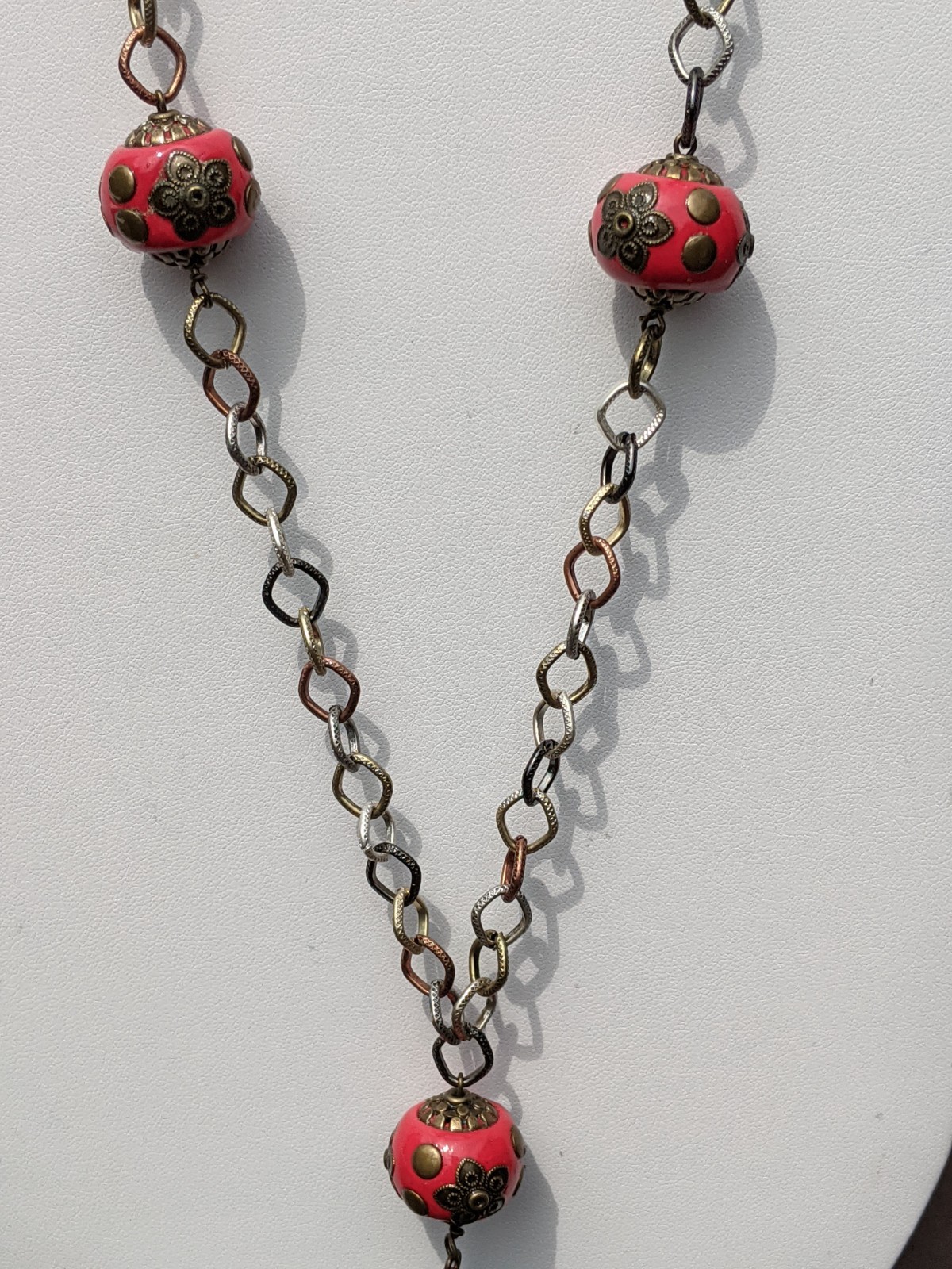 Copper Medallion on a Long Tri-colored Chain Necklace