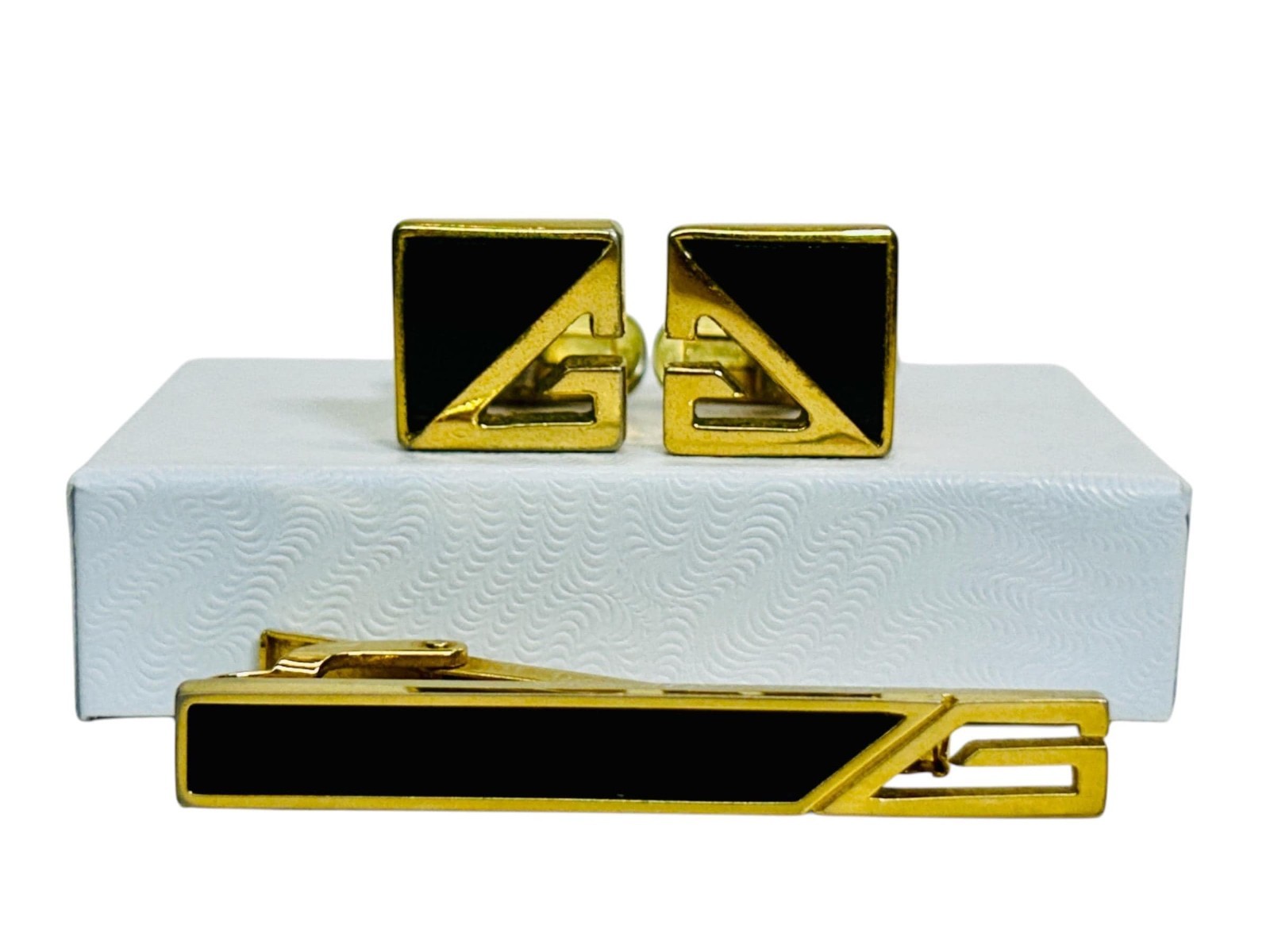 Vintage Givenchy Cufflinks and Tie Clip Black Onyx G Logo Gift for Him