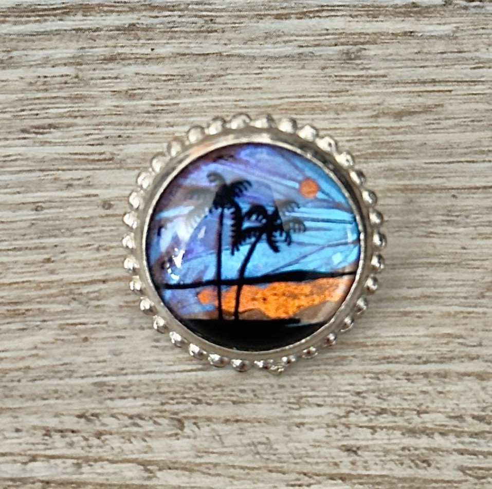 Vintage Morpho Butterfly Wing Tropical Beach Scene Clip On Earrings & Brooch