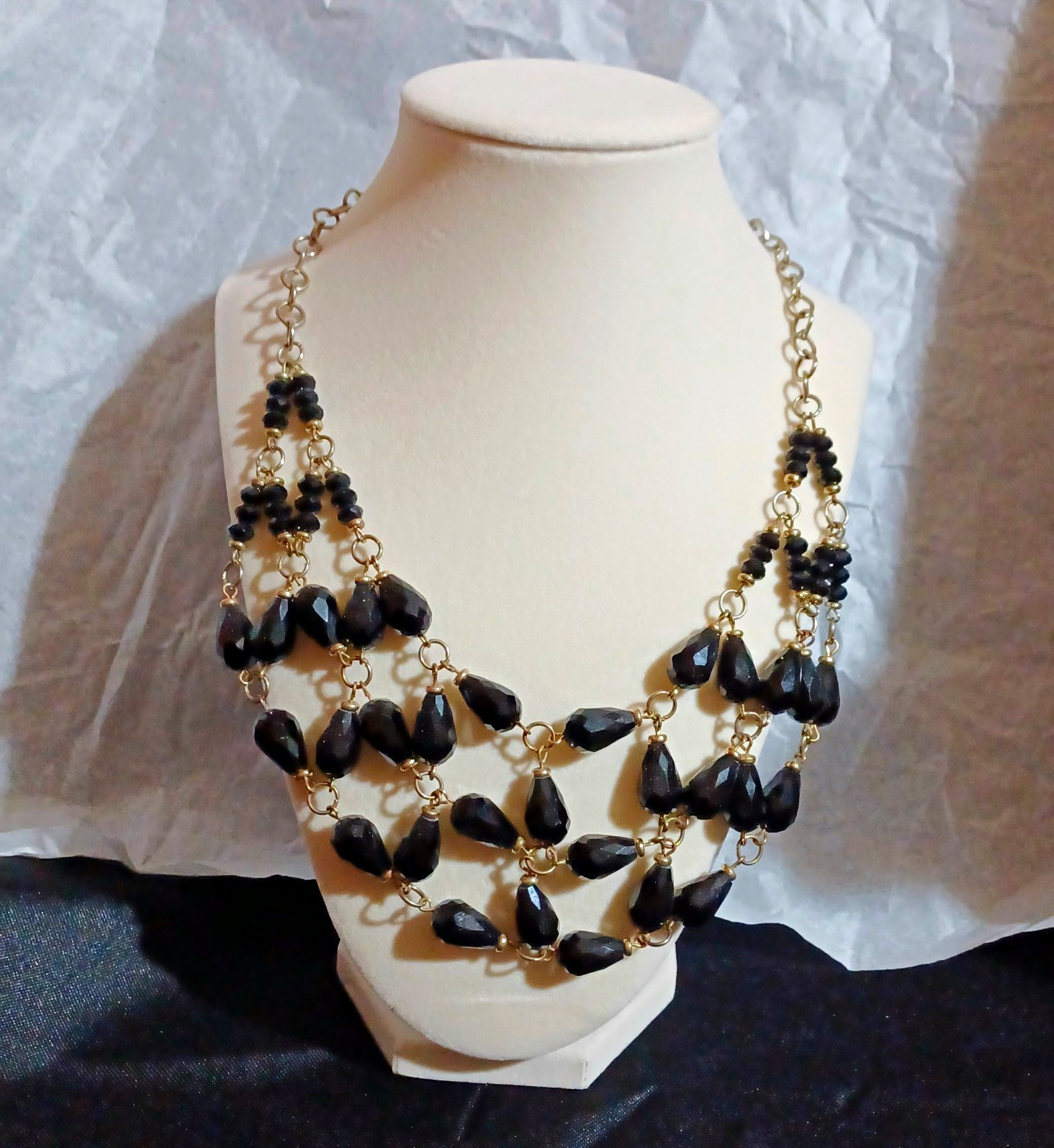 Gold Tone circular chain Beaded Bib Statement JET Black Fasceted Beads. Web/Bib