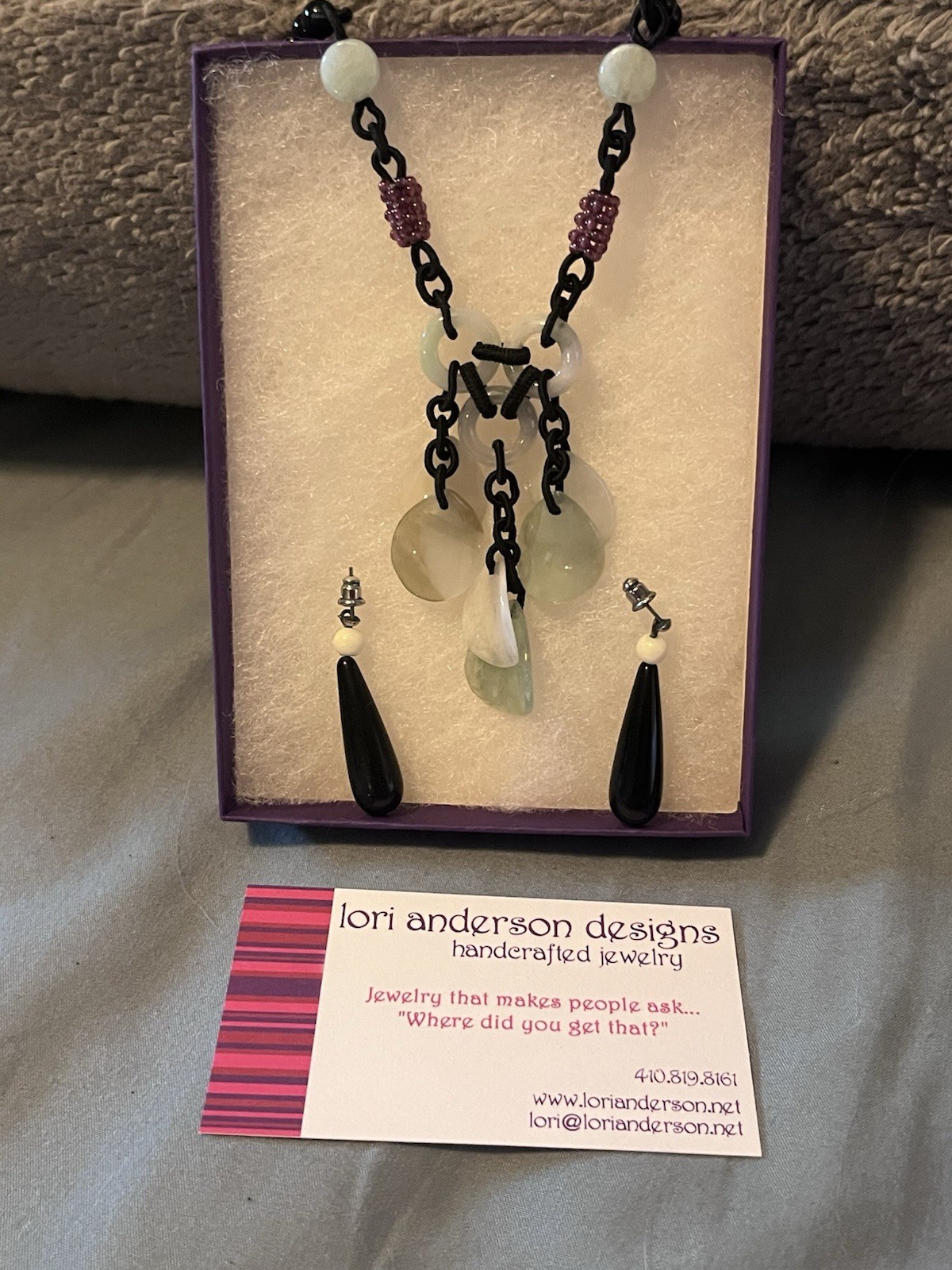 Lori Anderson Designs Handmade Artisan Necklace Earrings Set Black White Teal