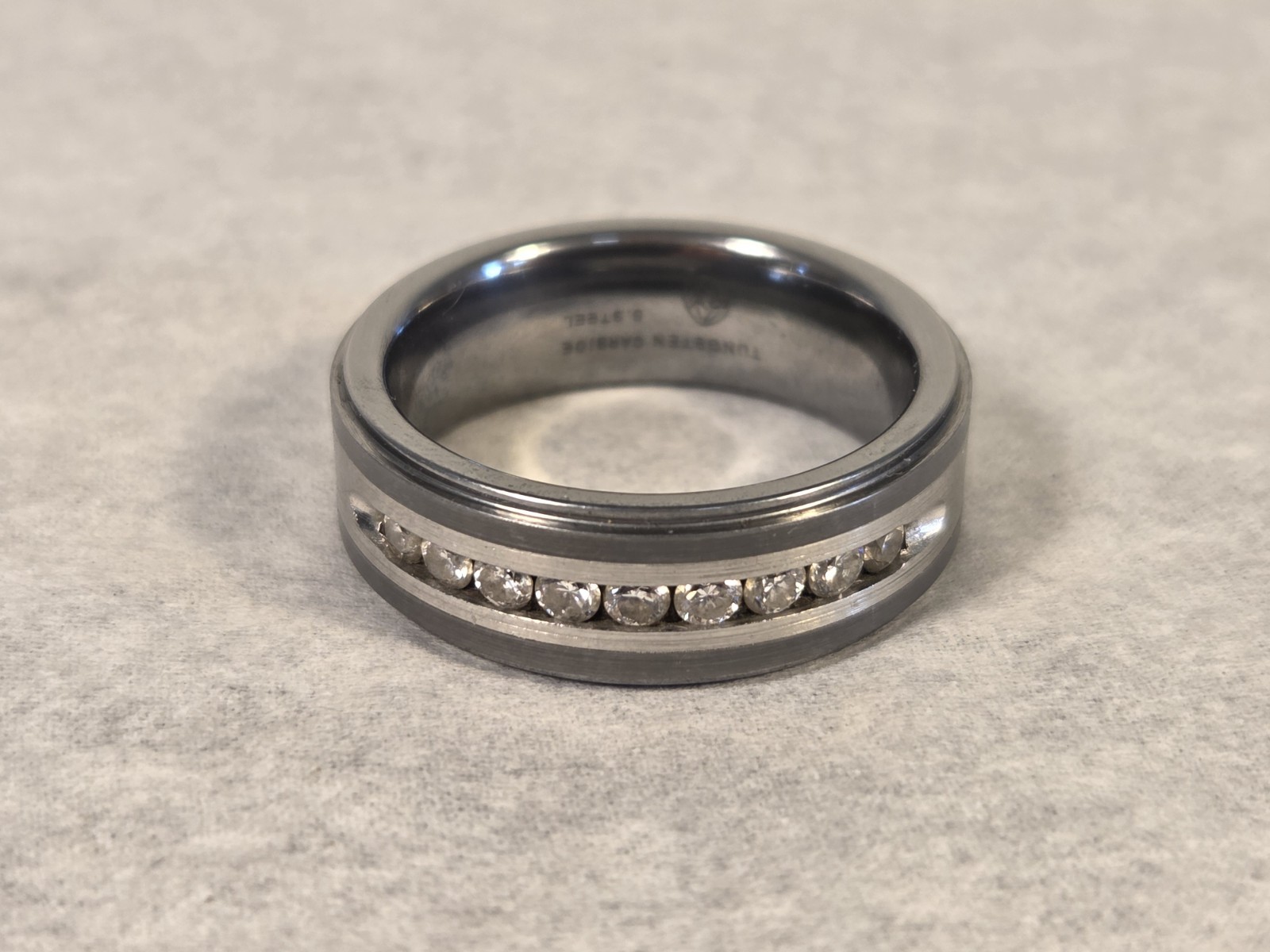 Men’s TRITON Channel-Set Wedding Band CZ Accents Tungsten Carbide Sz 11