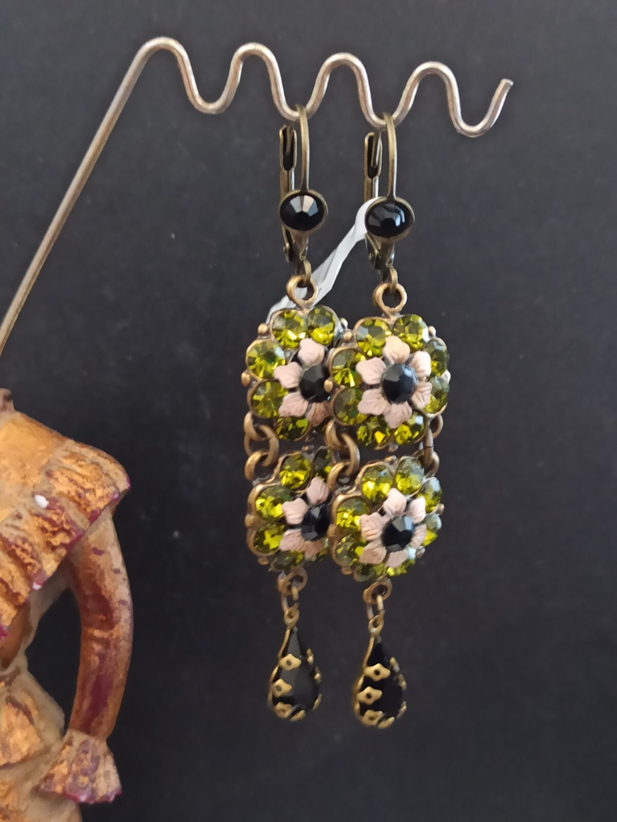 Michal Negrin Earrings Olive Green Black Crystals Long Cocktail Unique Deco Gift