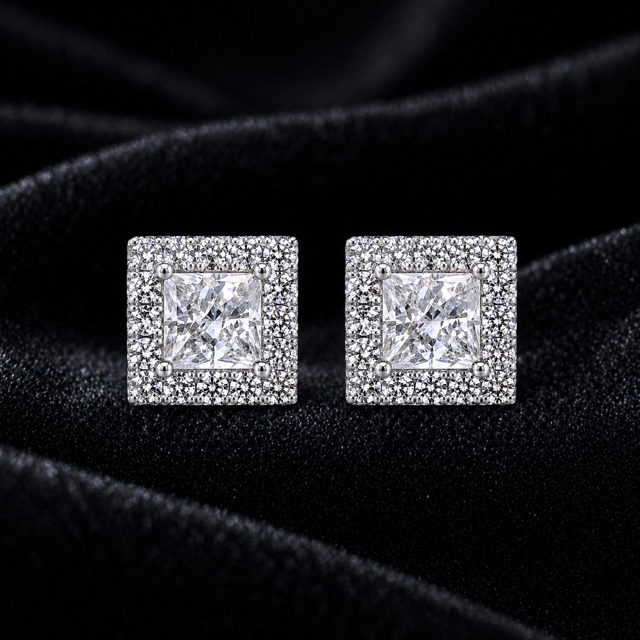 2.52 cttw Natural Diamond Princess Cut Halo Stud Earrings Solid 18K White