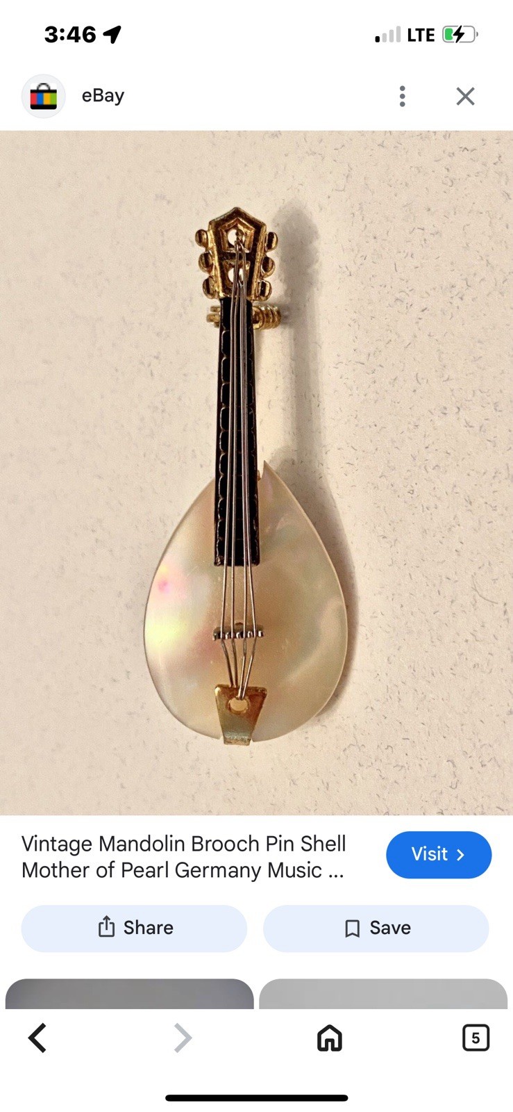 Vintage Western Germany marked Mandolin brooch/pin Mother of Pearl