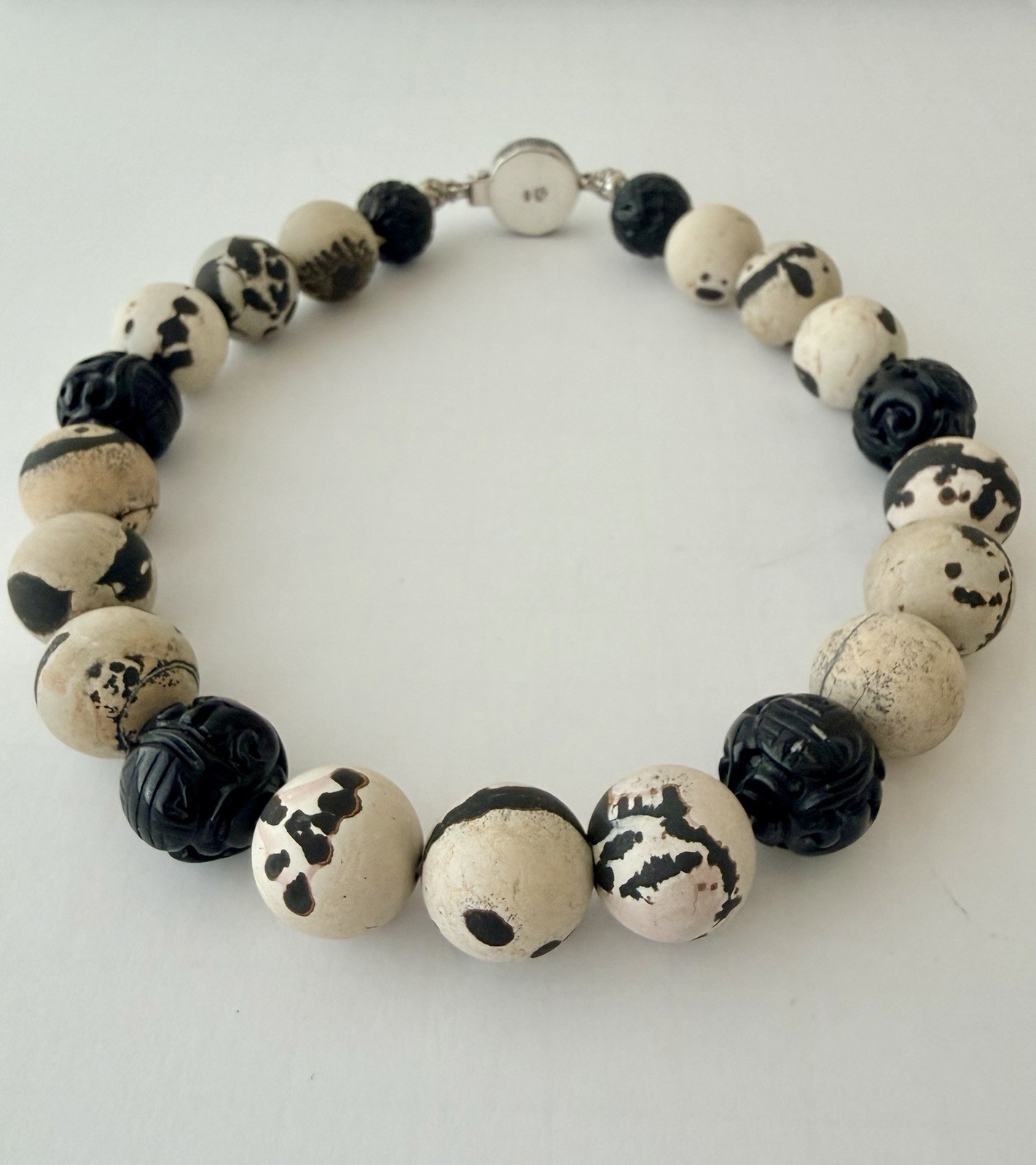 One-of-a-Kind Design 925 Carved Onyx & Matte Variegated Jasper Choker necklace