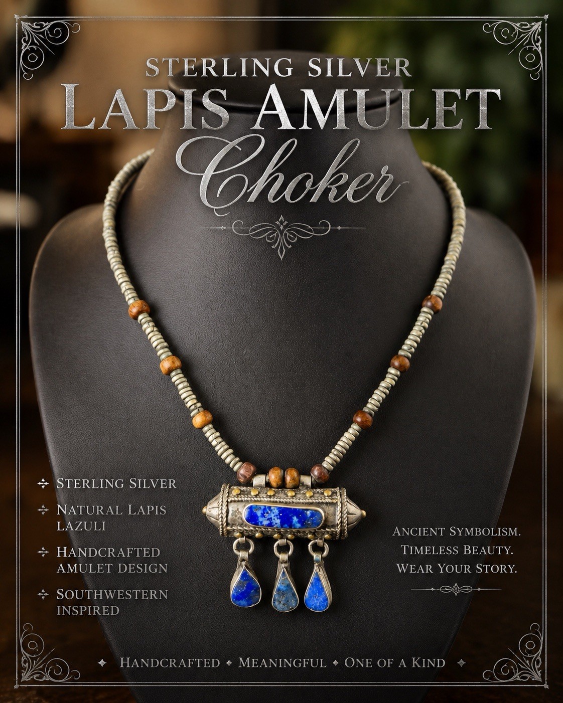 50g 925 Sterling Silver Tribal Blue Lapis Amulet Necklace | Vintage Thai Artisan