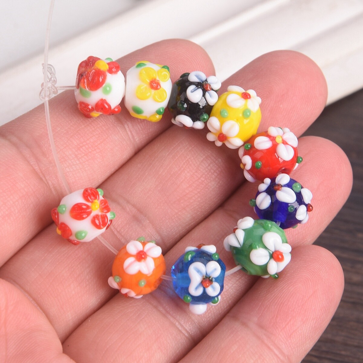 10pcs Handmade Lampwork Glass Flower Round 10mm Loose Beads DIY Jewelry Findings