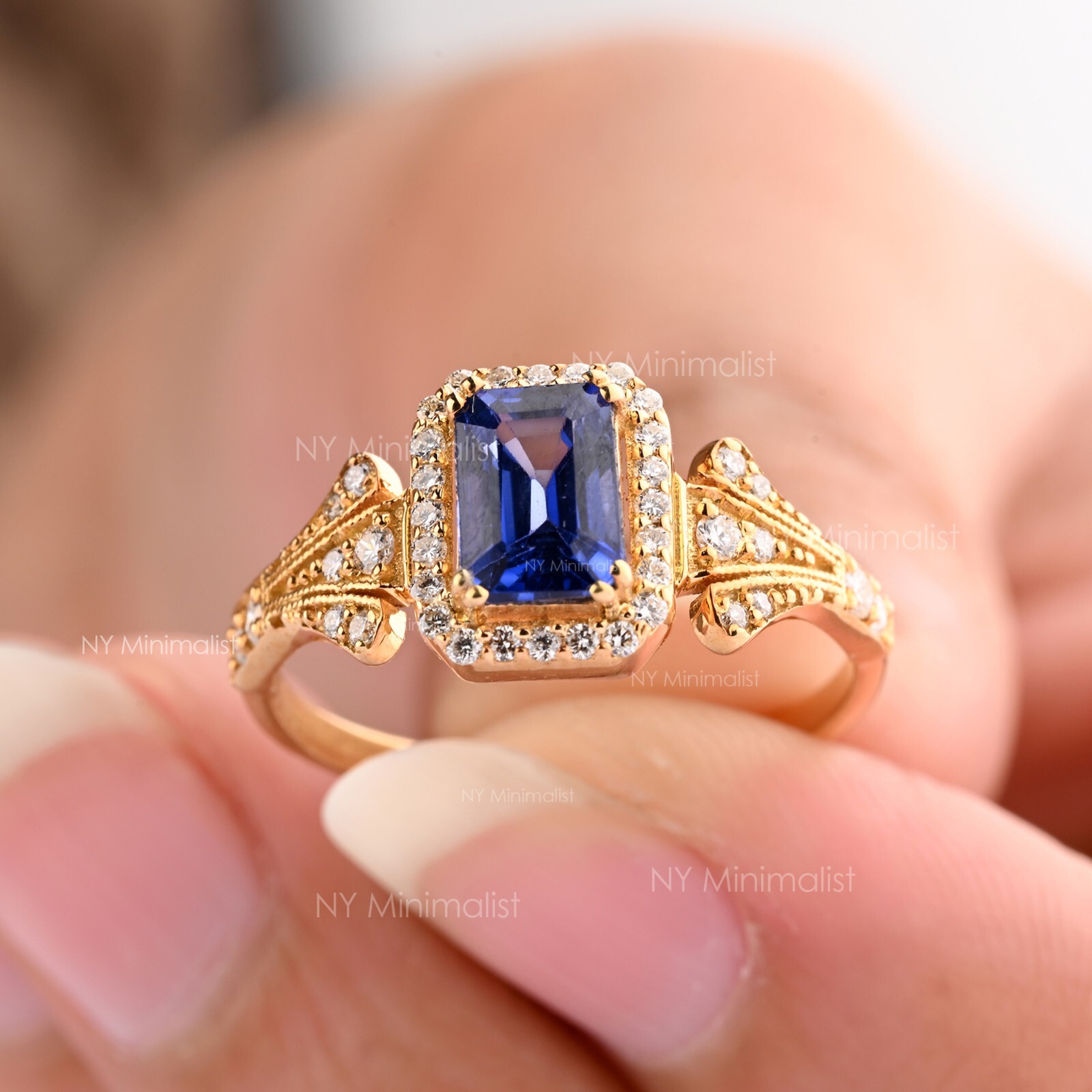 14K Solid Gold Natural Emerald Cut Diffused Blue Sapphire & Diamond Halo Ring
