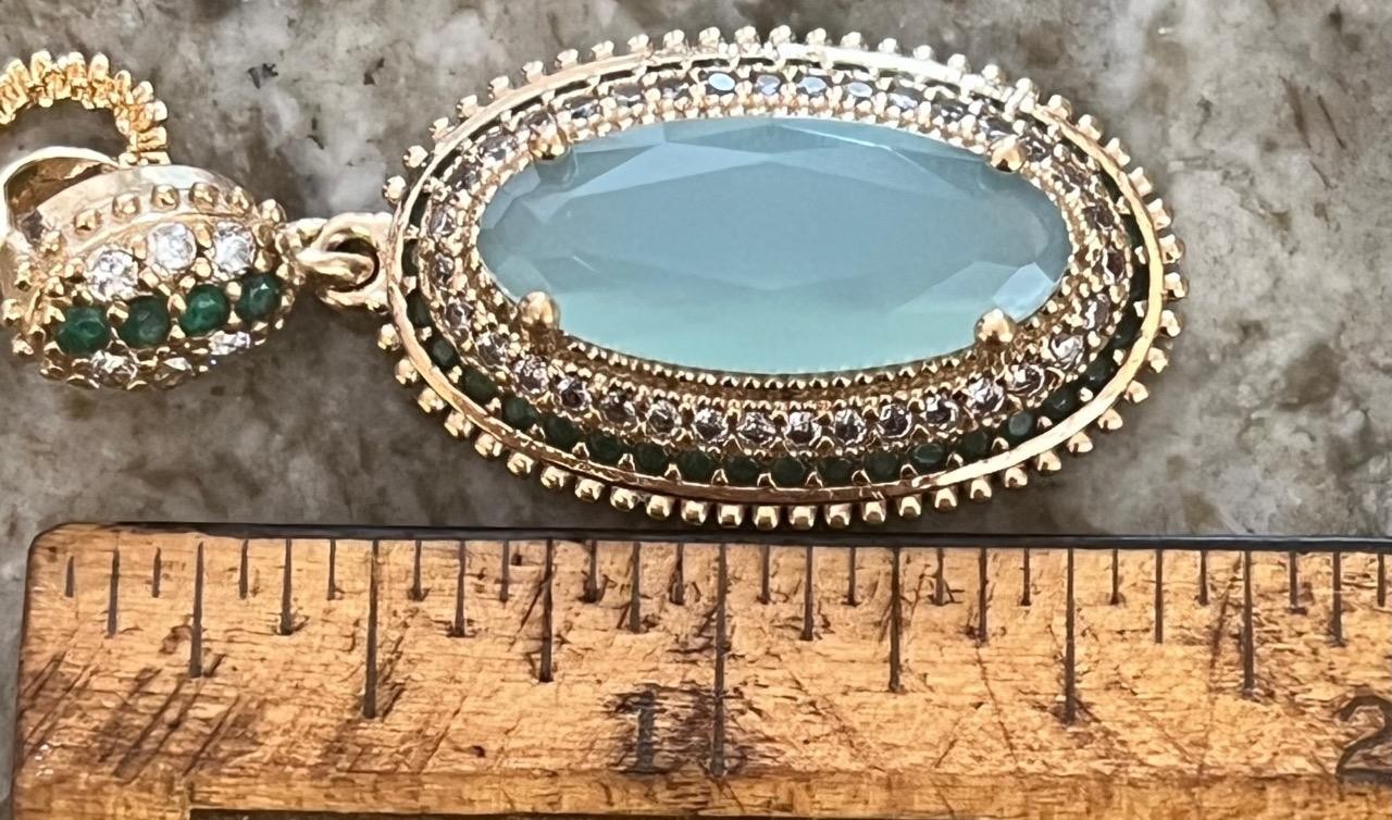 REAL Milky Aquamarine 14K Gold on SOLID 925 White Sapphire Victorian Rev Oblong