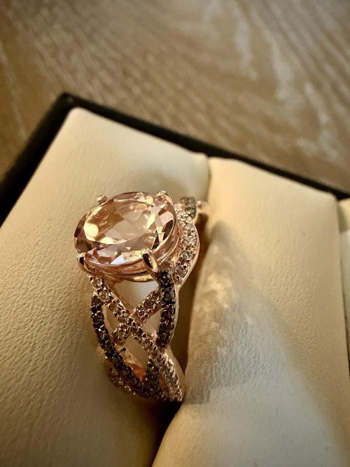 Brand New 1.90 Ct Morganite Ring In Rose Gold With .39ct Of Diamonds