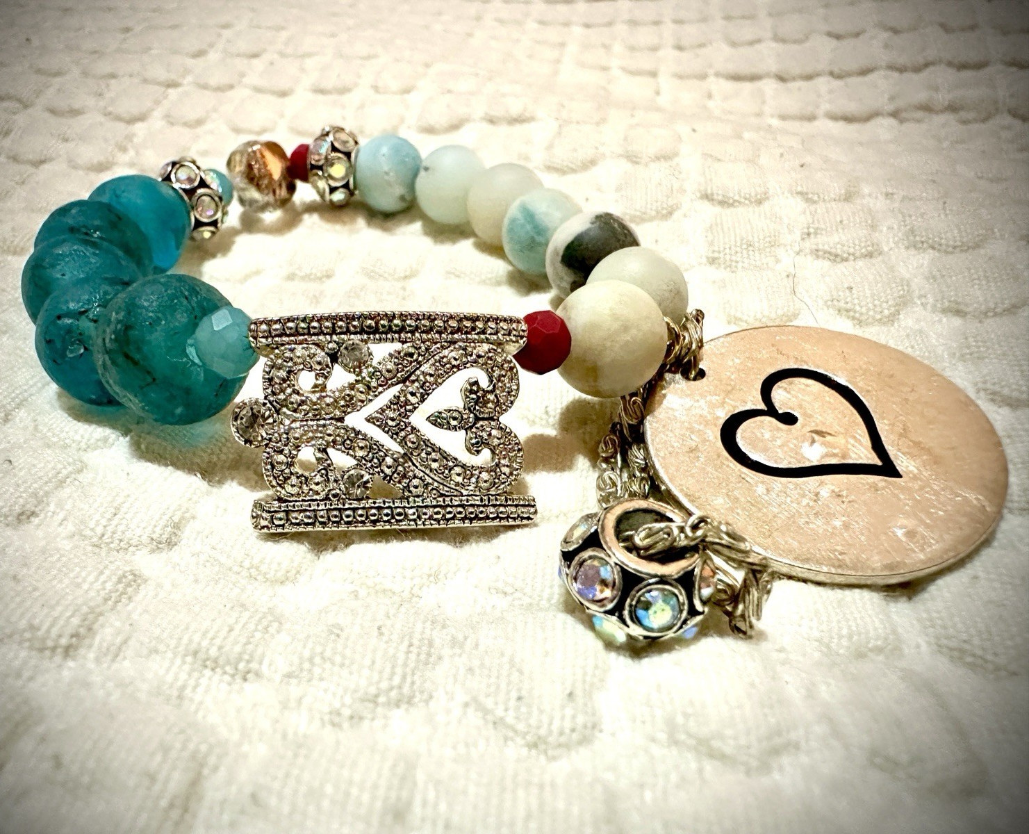 Handcrafted Assemblage African Sea Glass and Amazonite Bracelet w/charms