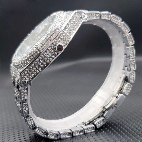Arabic Hip Hop Luxury Ice out Men Watch Iced Bling Silver Cz Diamond Waterproof