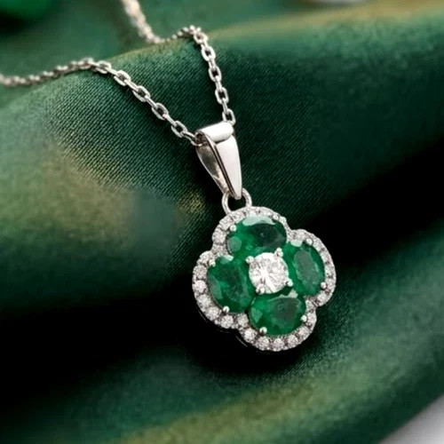 3.17 Ct Oval Cut Emerald Pendant Wedding Pendant 14K White Gold