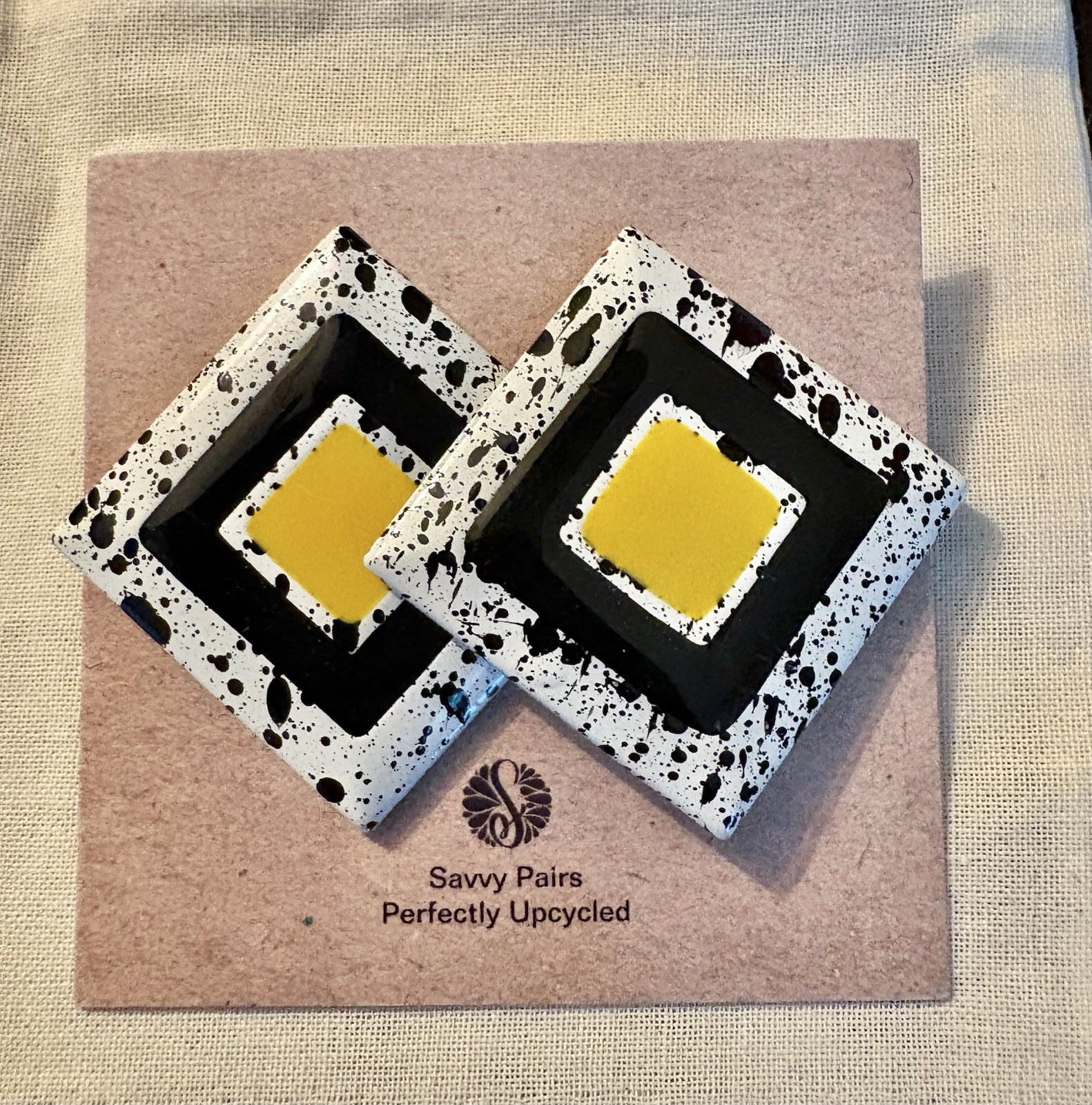 Vintage Bold 1980s Black Yellow Splatter Square Button Earrings, Pierced