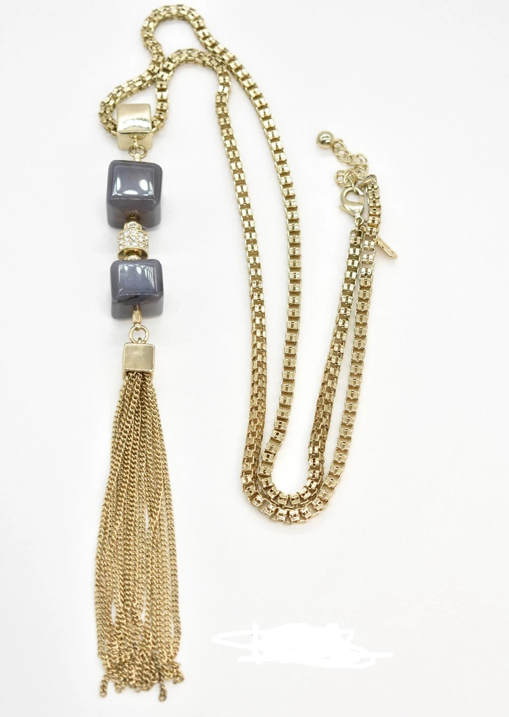 30″ White House Black Market Crystal/Gray Agate Gold-T Box Chain Tassel Necklace
