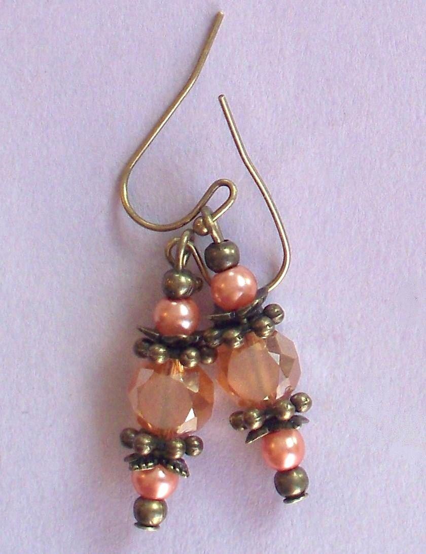 APRICOT Frosted CRYSTAL orange GLASS PEARL earring BRONZE french hook