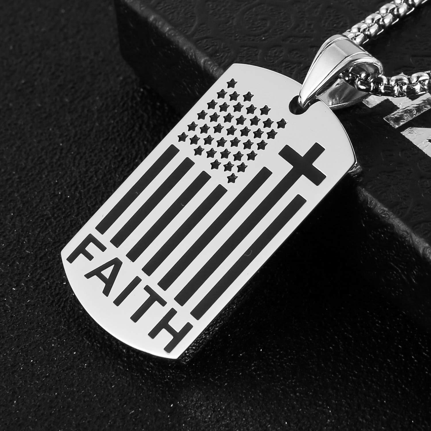 Men American Flag Cross Necklace Patriotic Verse Faith Dog Tag Pendant Chain
