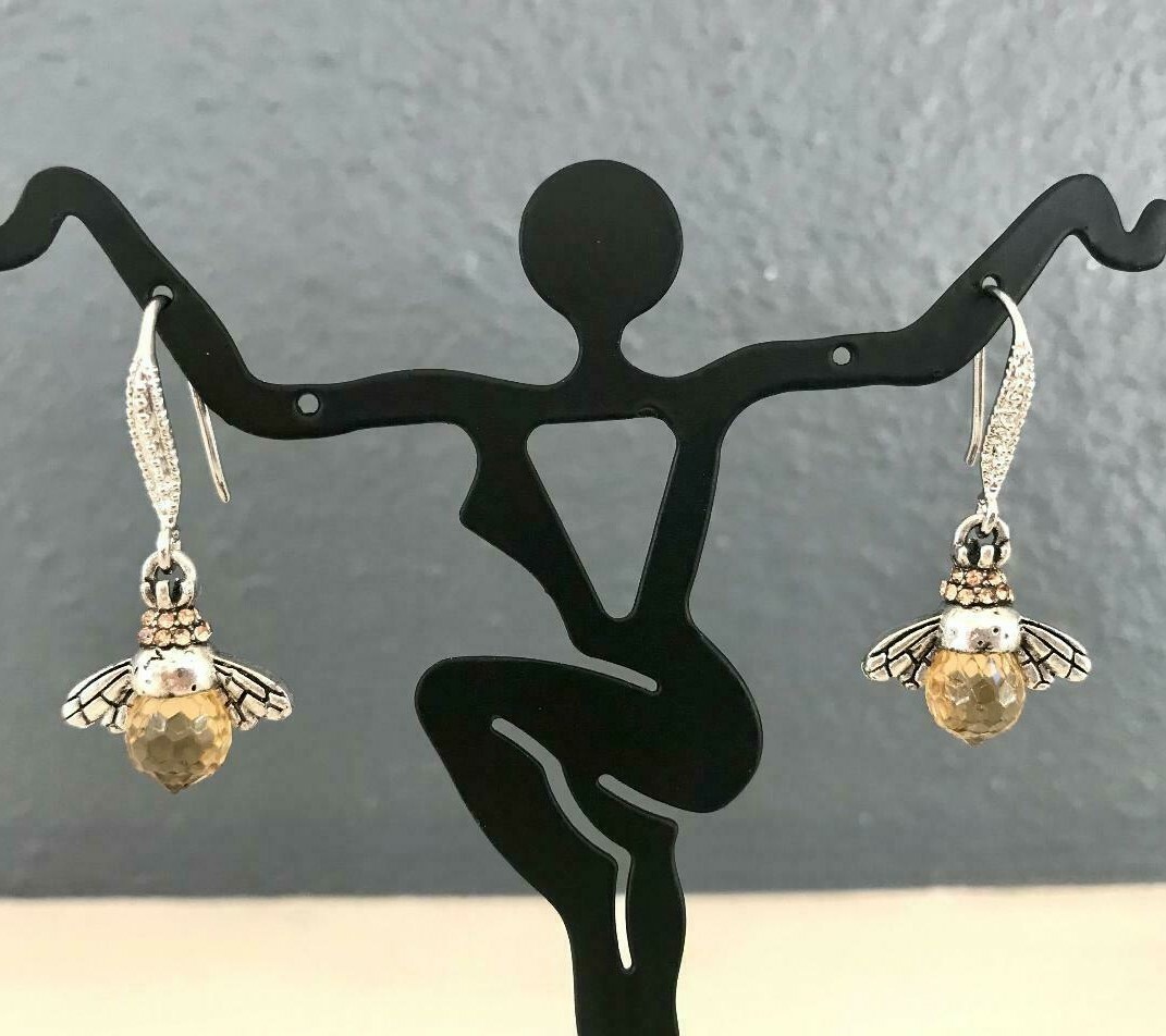 US Seller Betsey Johnson Silver Amber Crystal Bee Dangle Earrings Acrylic