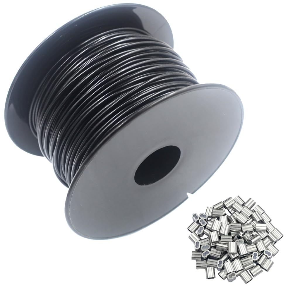 200 FT Black Vinyl Coated 304 Stainless Steel Cable Reel 1/16 Inch Spool Kit