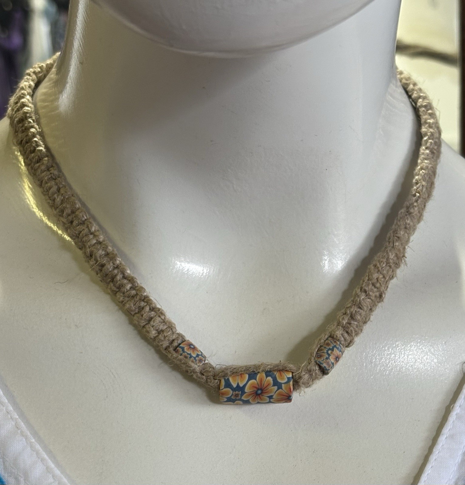 Hemp Cord Beaded Choker Necklace Beige Floral Bar Pendant Adjustable Tie