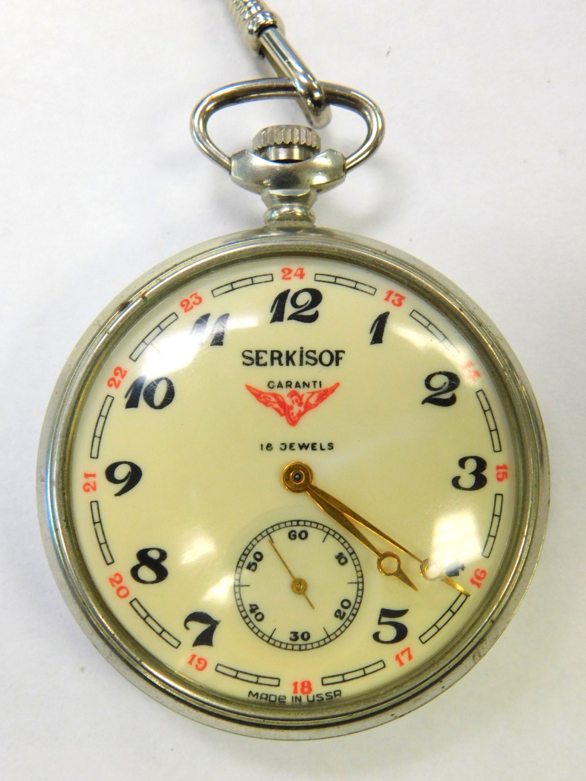 Vintage Serkisoff Soviet CCCP USSR Molnija 3602 Hand Wind Pocket Watch w/ Chain